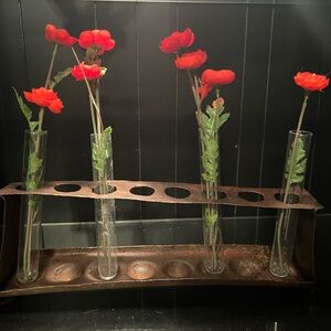 Rustic Metal Test Tube Vase Holder with Orange Flowers